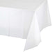 White rectangular tablecloth measuring 54 by 108 inches, displayed draped over a surface to show its lightweight plastic material and full coverage.