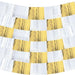 White and gold metallic fringe backdrop with alternating vertical strips of white and shimmering gold, arranged in curved horizontal rows for a draped effect.
