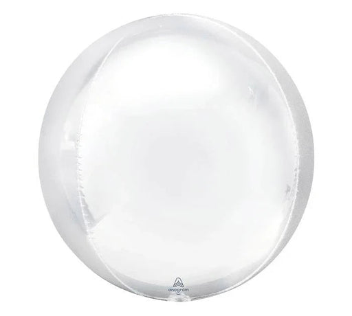 White spherical foil balloon with a rounded, globe-like shape and metallic finish, displayed against a white background.