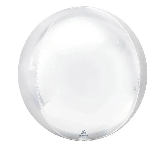 White spherical foil balloon with a rounded, globe-like shape and metallic finish, displayed against a white background.