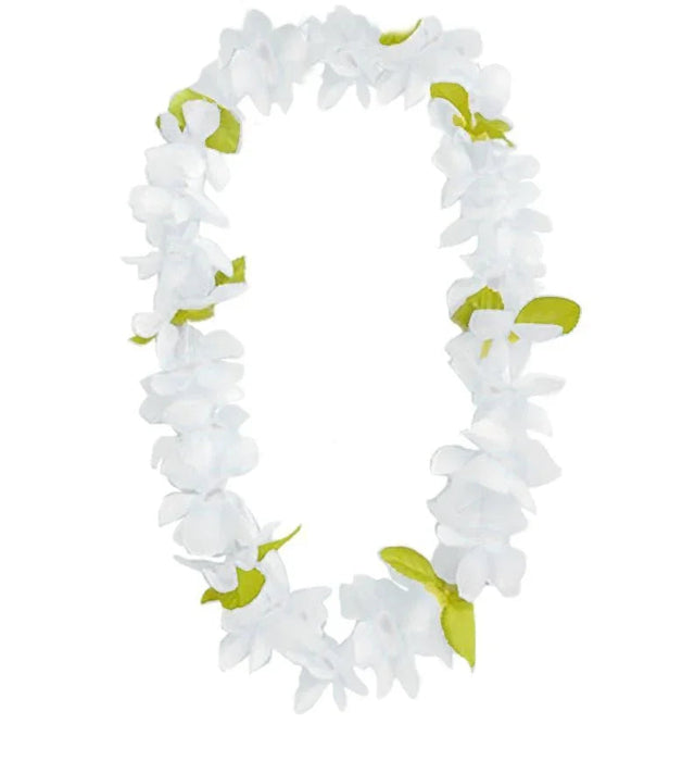 White flower lei necklace with small green leaves accents arranged in a continuous circular garland.