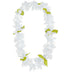 White flower lei necklace with small green leaves accents arranged in a continuous circular garland.