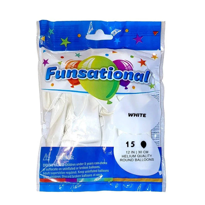 Funsational brand package of 15 white round latex balloons, 12 inches, with colorful balloon graphics and stars on blue and white packaging.