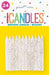 Pack of 24 white spiral birthday candles with colorful glitter speckles on yellow packaging with rainbow text and festive icons.
