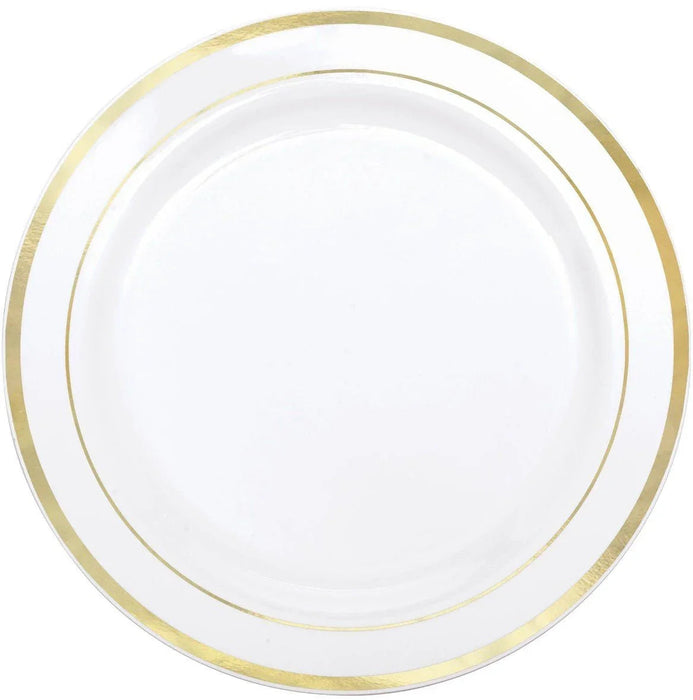 White plastic dinner plates with gold trim around the inner and outer edges, set of eight 10.25-inch plates shown as a stack.