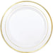 White plastic dinner plates with gold trim around the inner and outer edges, set of eight 10.25-inch plates shown as a stack.