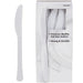 White plastic full-size knives displayed next to their retail packaging box that highlights premium quality and durability.