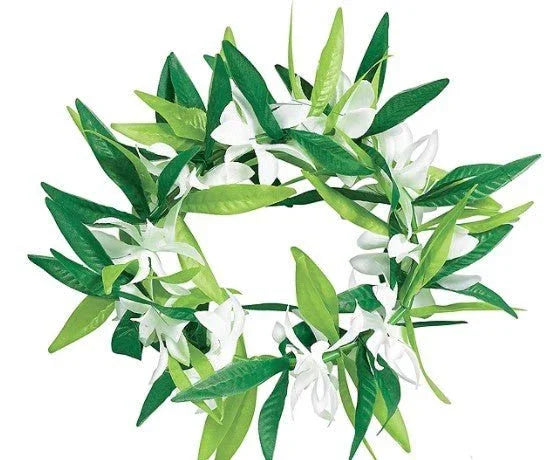 Circular flower crown wreath with white flowers and green leaves arranged in a ring against a white background.