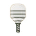 Paddle-shaped paper plate with white surface and dark green horizontal stripes, featuring a dark green handle with cream-colored slot details.