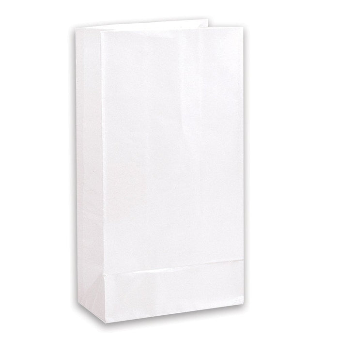 White paper party sacks with flat bottoms arranged in a single standing position against a white background.