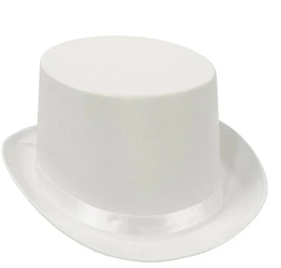 White satin top hat with a glossy finish and tall cylindrical crown sitting on a wide brim.