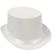 White satin top hat with a glossy finish and tall cylindrical crown sitting on a wide brim.