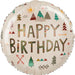Round cream-colored mylar balloon with "HAPPY BIRTHDAY" in decorative patterned letters surrounded by illustrated trees, mountains, arrows, sun, and geometric designs in green, red, brown, and gold tones.