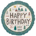 Teal scalloped round foil balloon with "HAPPY BIRTHDAY" text in brown letters surrounded by forest-themed decorations including evergreen trees, sun, stars, and triangular patterns in earth tones and gold.