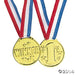 Two gold medals with red and blue striped ribbons, each stamped with "Winner" and the number "1" on their surfaces.
