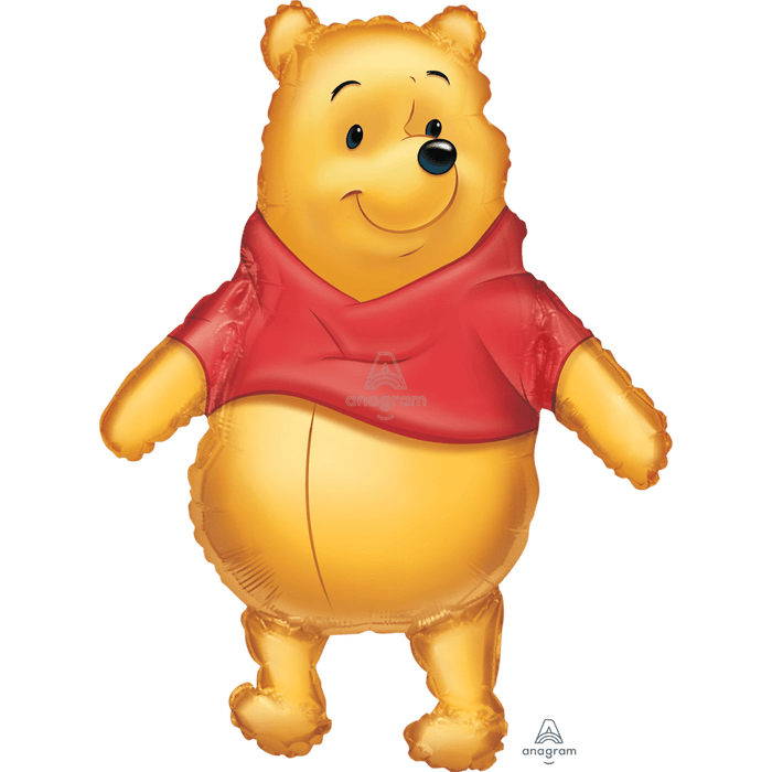 Gold mylar balloon shaped like a smiling bear wearing a red shirt, with rounded ears and a cheerful expression.