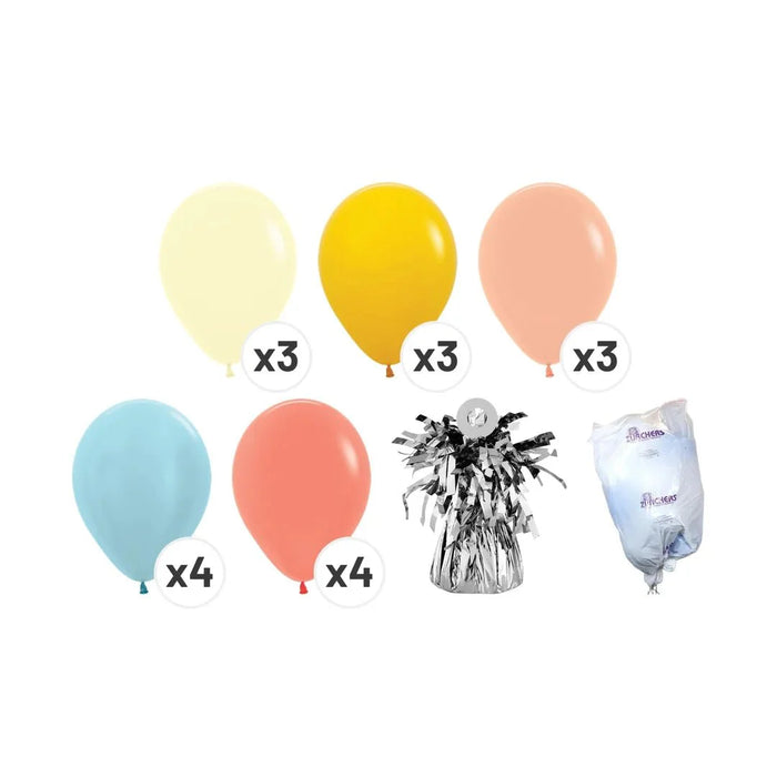 Pastel balloon party pack with three pale yellow, one bright yellow, three peach, four light blue, and four coral balloons, plus a silver tassel weight and clear inflation pump.
