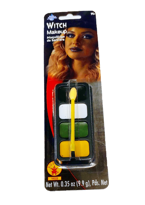 Witch makeup kit in clear plastic case with four color blocks in yellow, green, white, and black, plus yellow applicator brush attached to the lid.