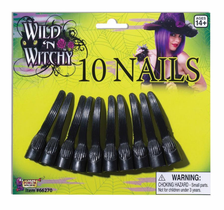 Ten black pointed witch nails arranged in a fan shape on yellow packaging with web design and an image of a woman wearing purple hair and a black hat.