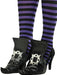 Black witch shoe covers with silver buckle details worn over purple and black striped stockings.