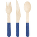 Three wooden utensils with natural wood handles and cobalt blue-wrapped lower sections: a fork, knife, and spoon arranged side by side.