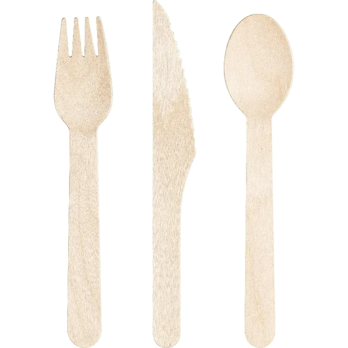 Three wooden utensils displayed vertically: a fork on the left, knife in the middle, and spoon on the right, all with natural light wood finish.