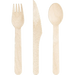 Three wooden utensils displayed vertically: a fork on the left, knife in the middle, and spoon on the right, all with natural light wood finish.