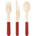 Three wooden utensils with natural wood handles and red-wrapped lower sections: a fork, knife, and spoon arranged side by side.