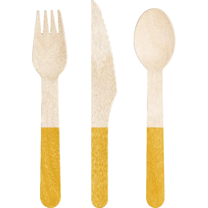 Assorted 6.5-inch wooden cutlery set with forks, knives, and spoons featuring natural wood tops and school bus yellow dyed handles.