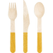Assorted 6.5-inch wooden cutlery set with forks, knives, and spoons featuring natural wood tops and school bus yellow dyed handles.