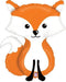 Orange and white foil balloon shaped like a smiling fox with pointed ears, black nose and eyes, and a curved tail.