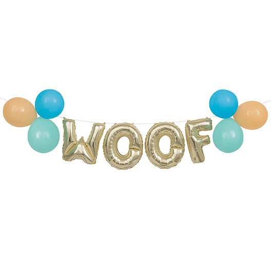 Gold foil letter balloons spelling "WOOF" with turquoise, teal, and tan latex balloons arranged on either side in a decorative banner garland.