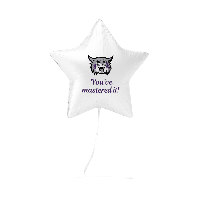 White star-shaped mylar balloon with purple wildcat logo and "You've mastered it!" text in purple lettering.