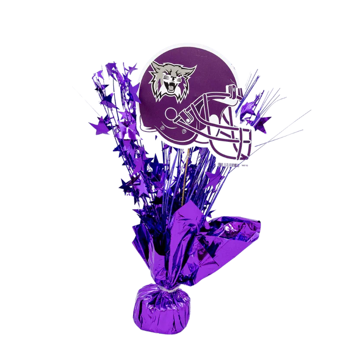 Purple football helmet centerpiece decoration with wildcat logo and stars bursting upward from a wrapped base.