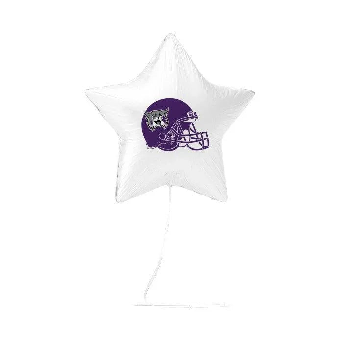 White star-shaped mylar balloon featuring a purple football helmet with a wolf logo design.