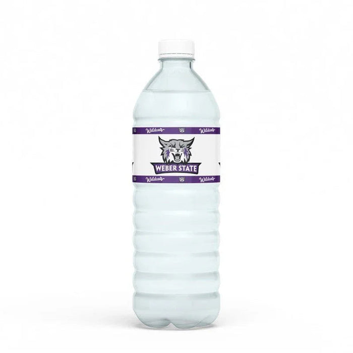 Clear plastic water bottle with a purple and white label band featuring a wolf mascot and "Weber State" text.