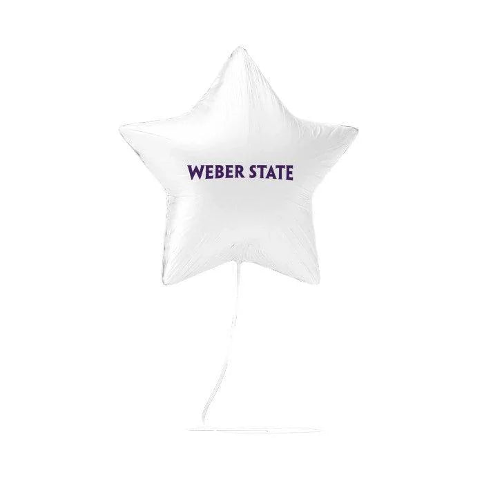 White star-shaped mylar balloon with "WEBER STATE" text printed in dark blue, featuring a string attachment.