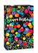 Jumbo gift bag with black background covered in colorful polka dots, starburst shapes, and "Happy Birthday!" text in white script.