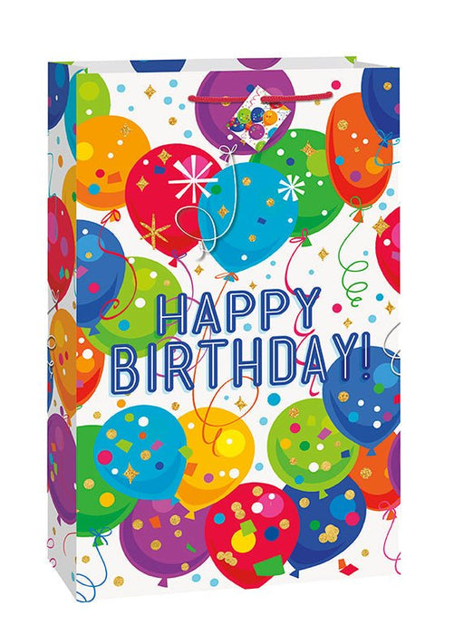 Colorful gift bag featuring "Happy Birthday" text surrounded by illustrated balloons in red, blue, green, yellow, and purple with polka dots and confetti accents.