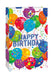 Colorful gift bag featuring "Happy Birthday" text surrounded by illustrated balloons in red, blue, green, yellow, and purple with polka dots and confetti accents.