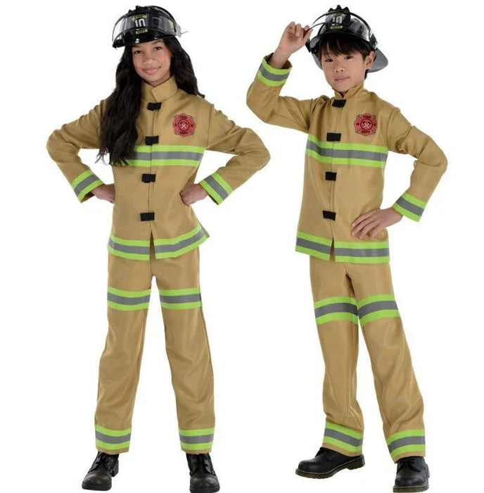 Two children wearing tan firefighter uniforms with reflective yellow-green stripes, black buttons, red department patches, and matching black helmets with front lights.