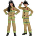 Two children wearing tan firefighter uniforms with reflective yellow-green stripes, black buttons, red department patches, and matching black helmets with front lights.