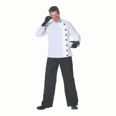 Man wearing a white button-up lab coat with black gloves and black pants, posed in a boxing stance against a white background.