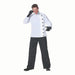 Man wearing a white button-up lab coat with black gloves and black pants, posed in a boxing stance against a white background.