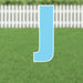 Light blue letter J yard sign with white border and metal stakes, displayed on green grass with white picket fence background.