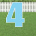 Large light blue number 4 yard sign with white border and metal stakes, displayed on green grass with white picket fence background.