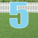 Large light blue number 5 yard card with white outline and metal stakes, displayed on green grass with white picket fence background.