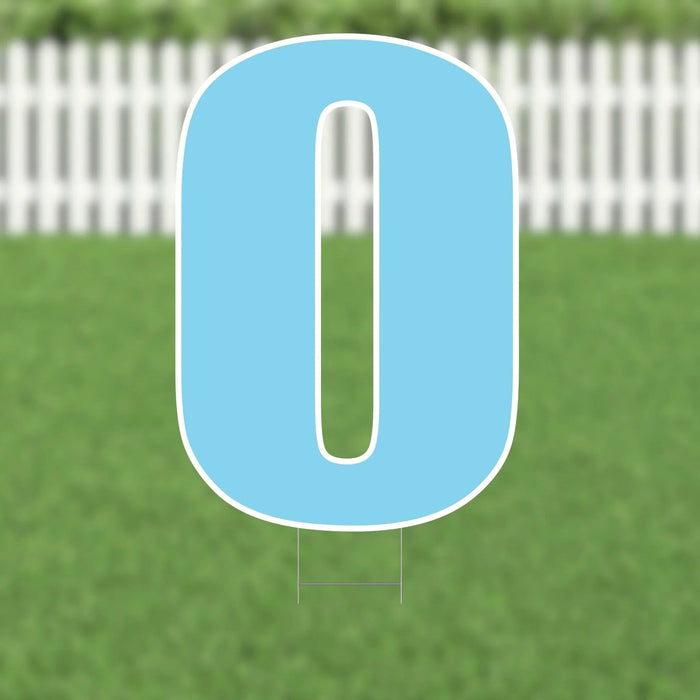 Light blue yard sign displaying the number zero in white outline, mounted on two metal stakes against a lawn and white picket fence background.