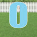 Light blue yard sign displaying the number zero in white outline, mounted on two metal stakes against a lawn and white picket fence background.