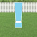 Light blue exclamation mark yard sign with white border and metal ground stakes, displayed on green grass with white picket fence background.